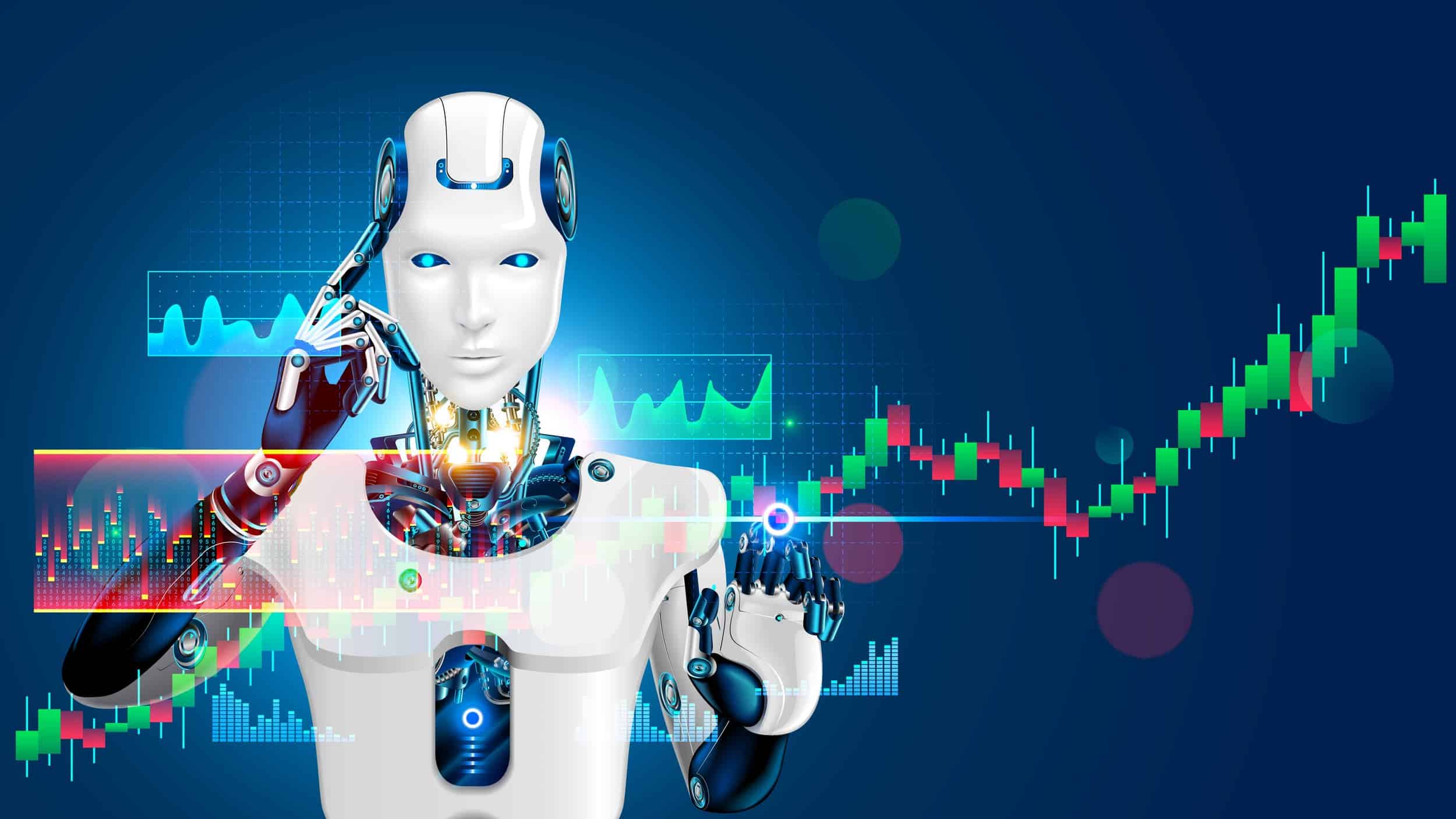 Developer using an AI assistant to write trading bot code next to market charts